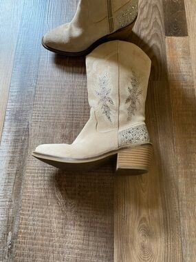 Madden Girl Cream Rhinestone Western Boots